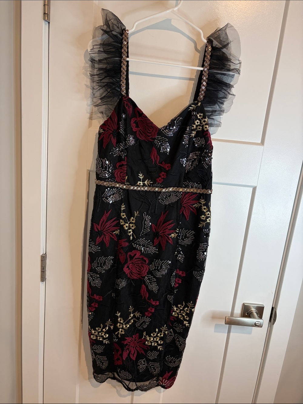 Lulu's Black Dress with Burgundy Rose Embroidery and Gold Accents